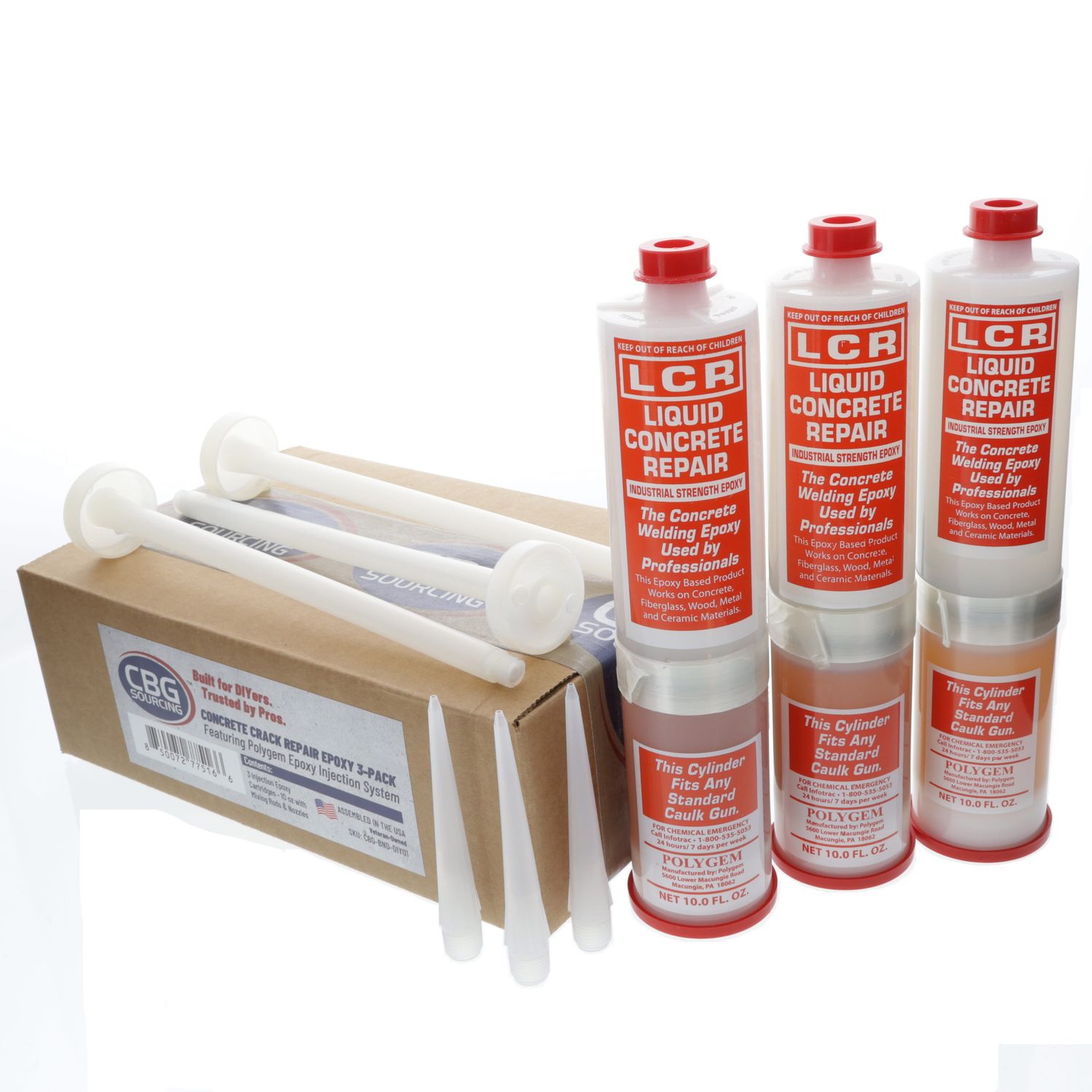CBGSourcing™ Polygem LCR 3-Pack 10 oz Injection Epoxy Cartridges - Structural Concrete Crack Repair - 7,908 PSI Low-Viscosity Foundation Refill Kit