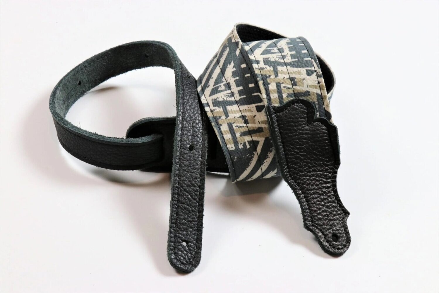 Franklin 2" Black & White grunge pattern/black cotton backing/black leather ends