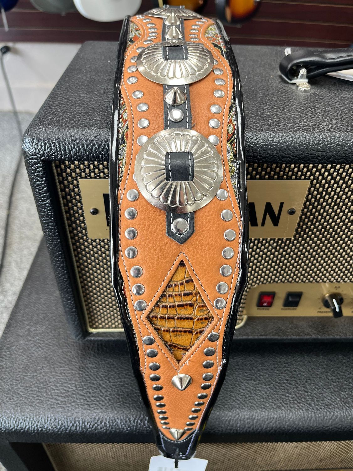 Jodi Head RJ Cash Handmade Guitar Strap - Cognac w Conchos & Studs