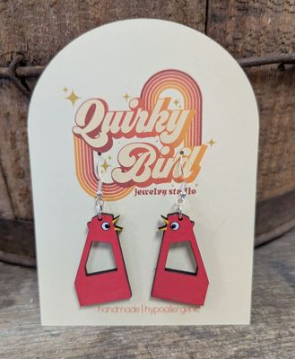 Big Chicken Hand-Painted Wood Earrings
