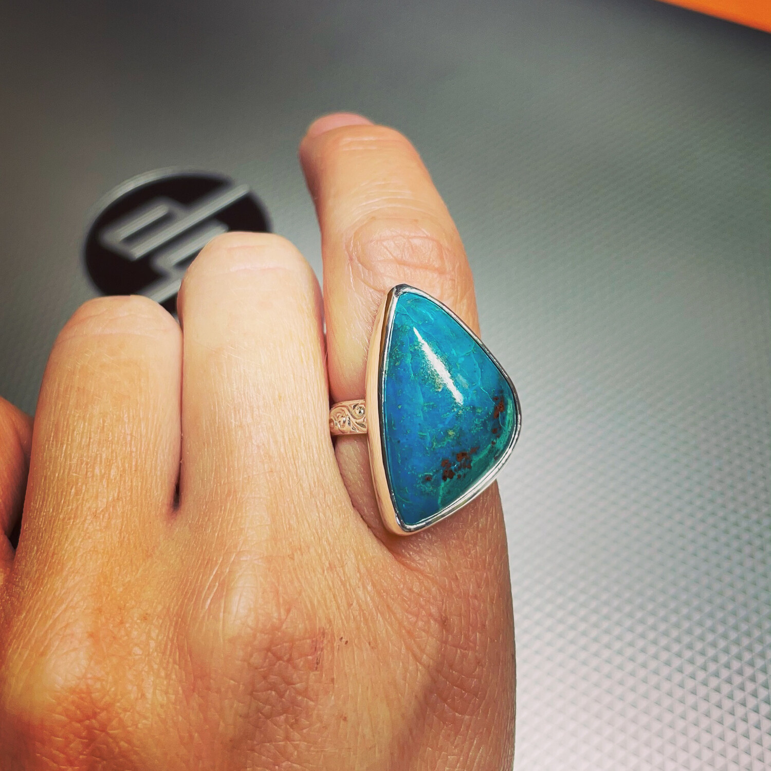 Chrysocolla Ring With Patterned Sterling Band Chrysocolla Ring With Patterned Sterling Band