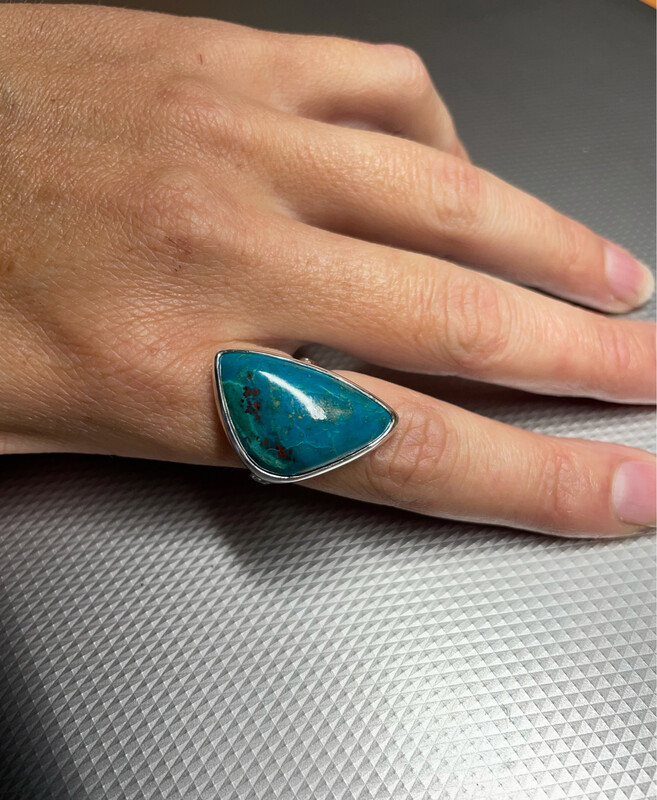 Chrysocolla Ring With Patterned Sterling Band