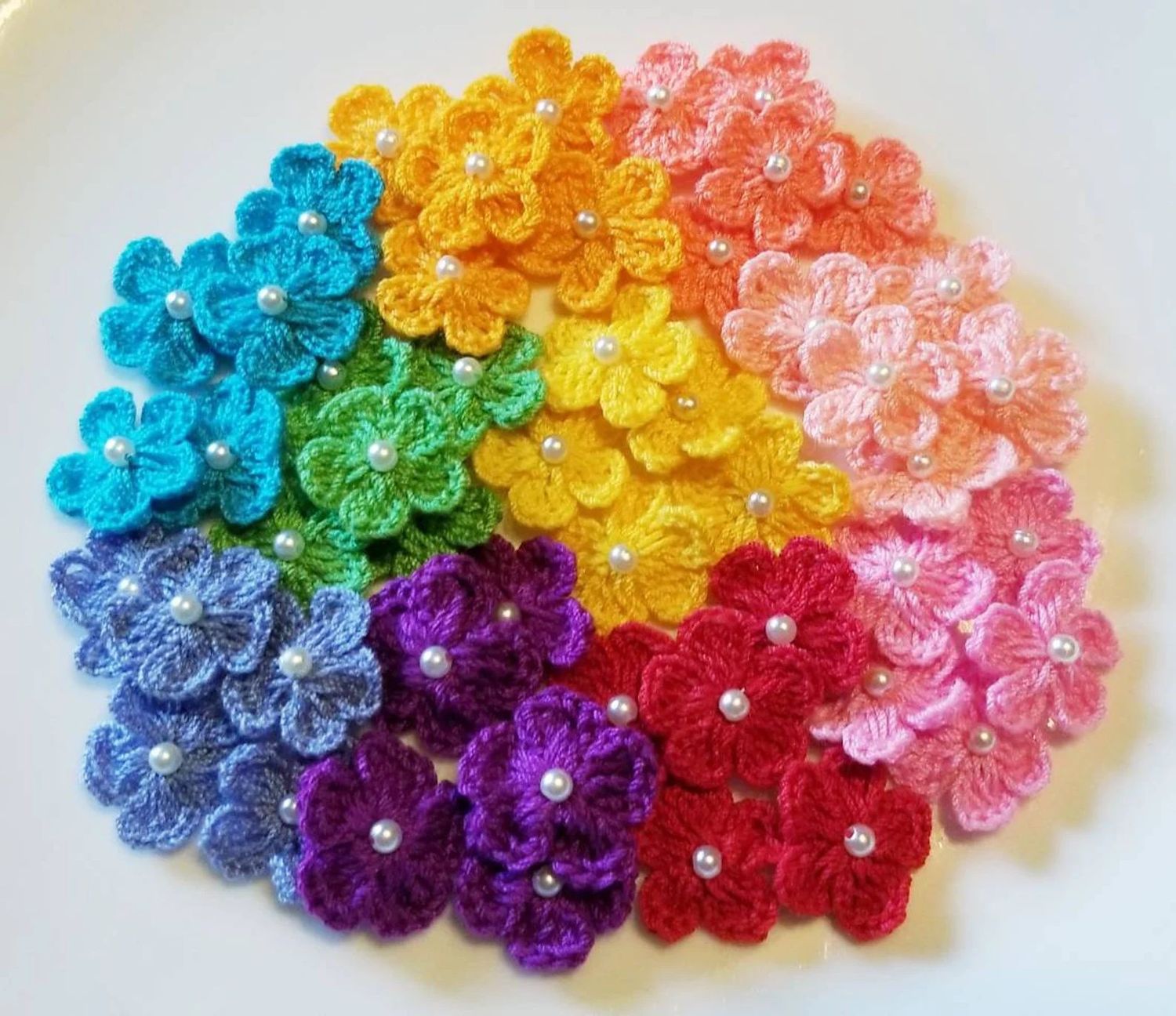 50 Colorful Bold Rainbow Mini Crochet Flowers with Pearls
