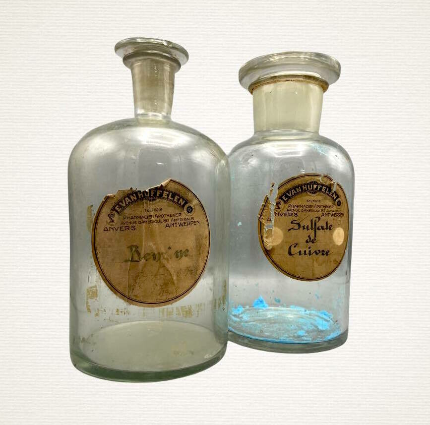 Antieke Apotheek Voorraadpotten Kopersulfaat Benzine