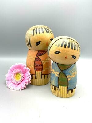 Set Vintage Sosaku Kokeshi Zusjes heel zeldzaam door Hiroe Fukushima