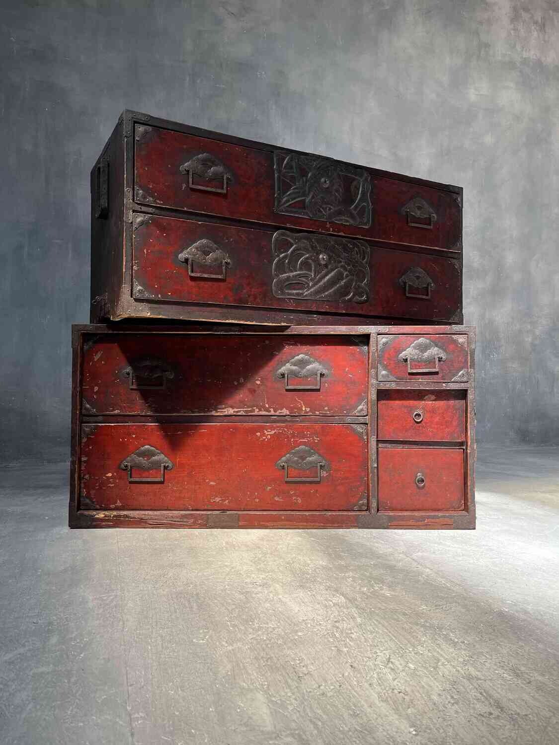 Antique Japanese Isho-Dansu 2 Piece Kimono Storage Box Original Urushi Lacquer Finish