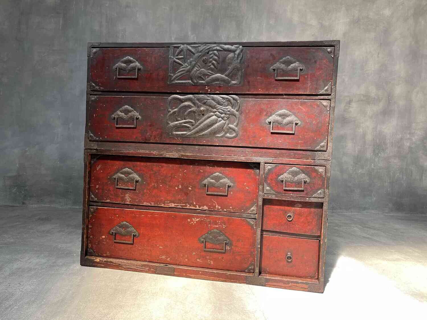 Antique Japanese Isho-Dansu 2 Piece Kimono Storage Box Original Urushi Lacquer Finish