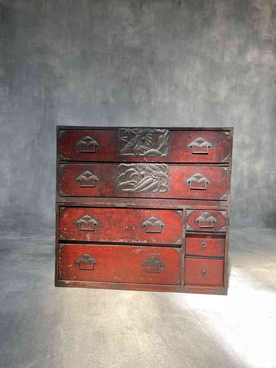 Antique Japanese Isho-Dansu 2 Piece Kimono Storage Box Original Urushi Lacquer Finish