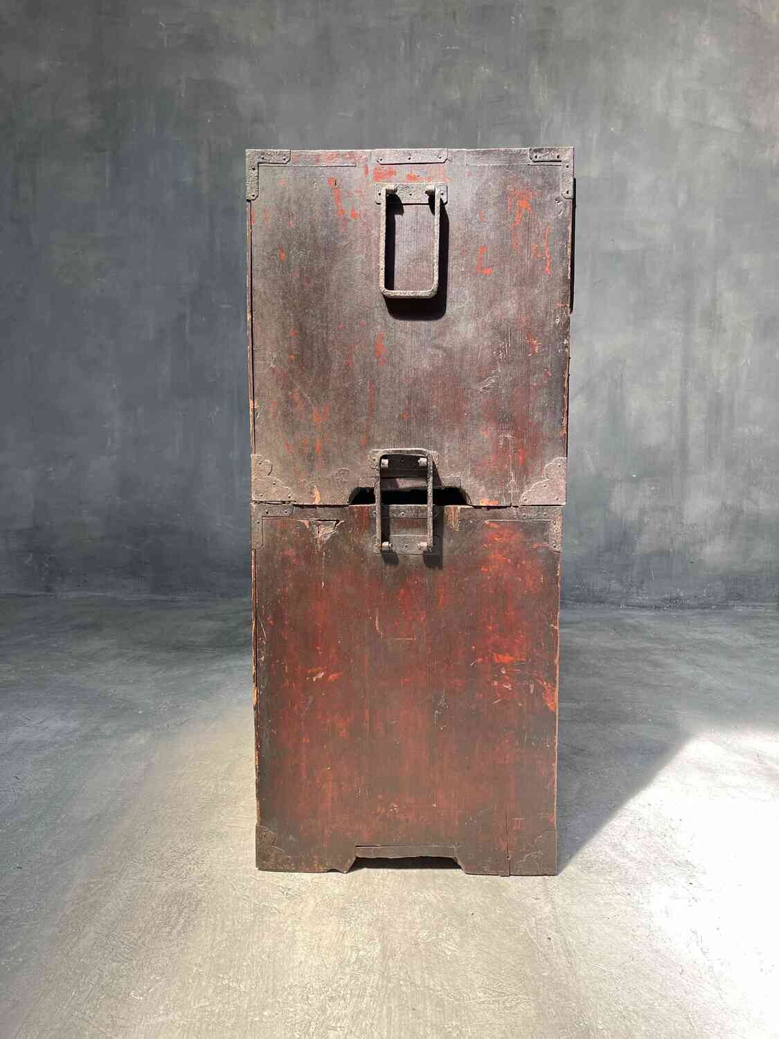 Antique Japanese Isho-Dansu 2 Piece Kimono Storage Box Original Urushi Lacquer Finish