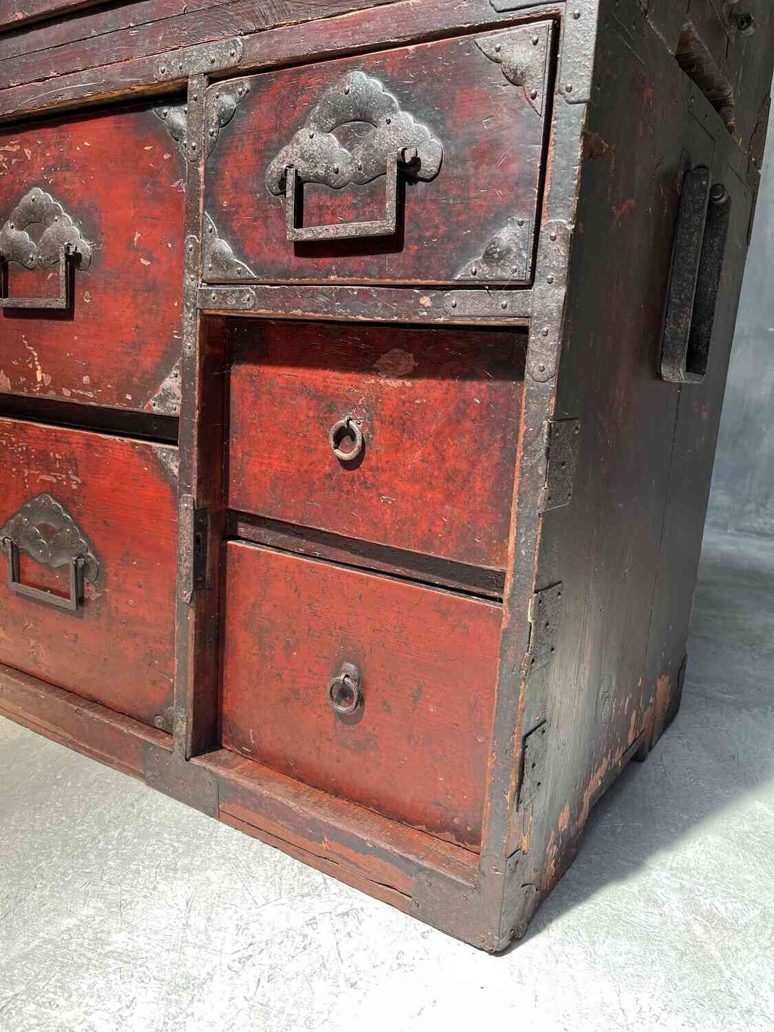 Antique Japanese Isho-Dansu 2 Piece Kimono Storage Box Original Urushi Lacquer Finish