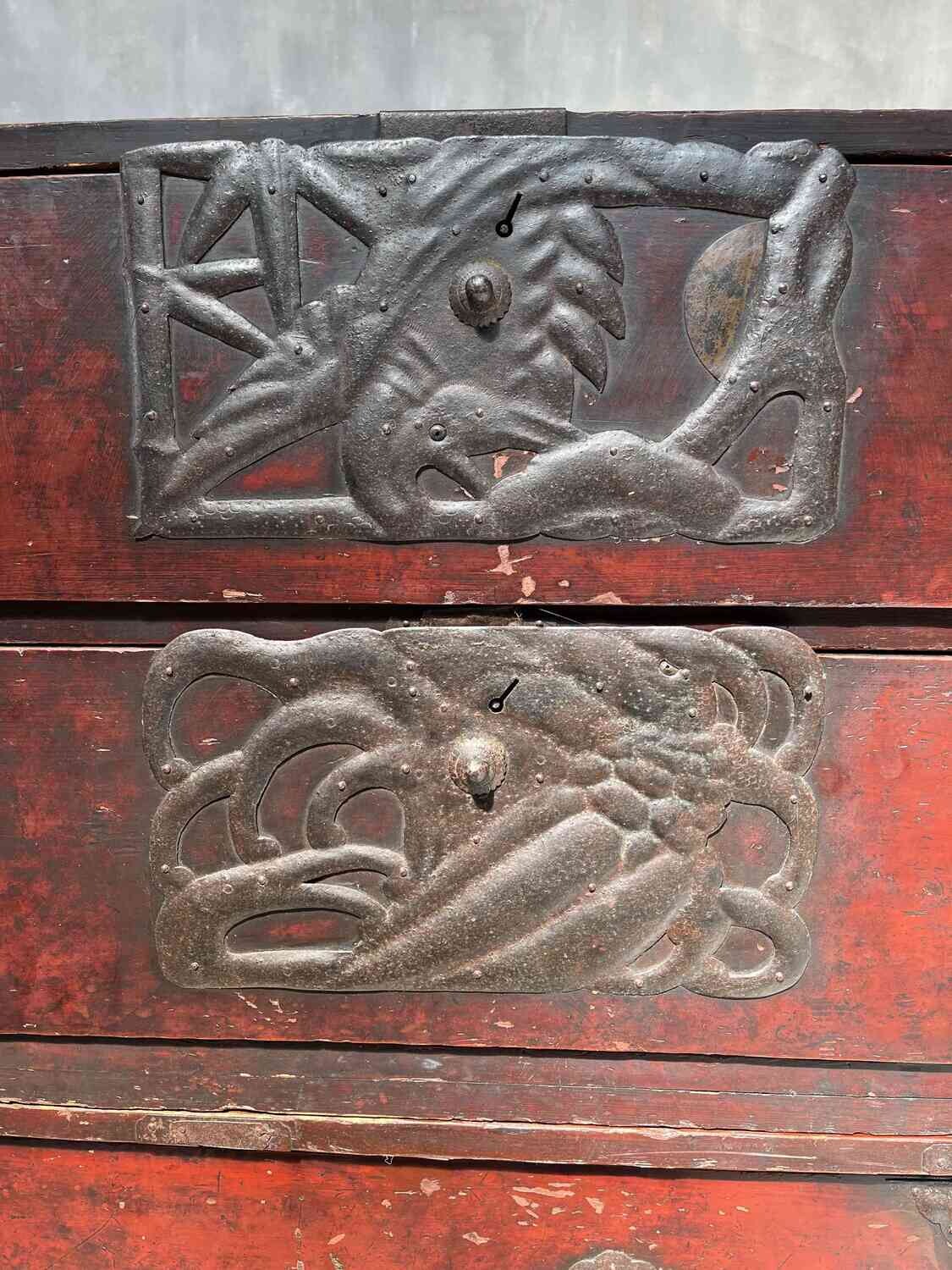 Antique Japanese Isho-Dansu 2 Piece Kimono Storage Box Original Urushi Lacquer Finish