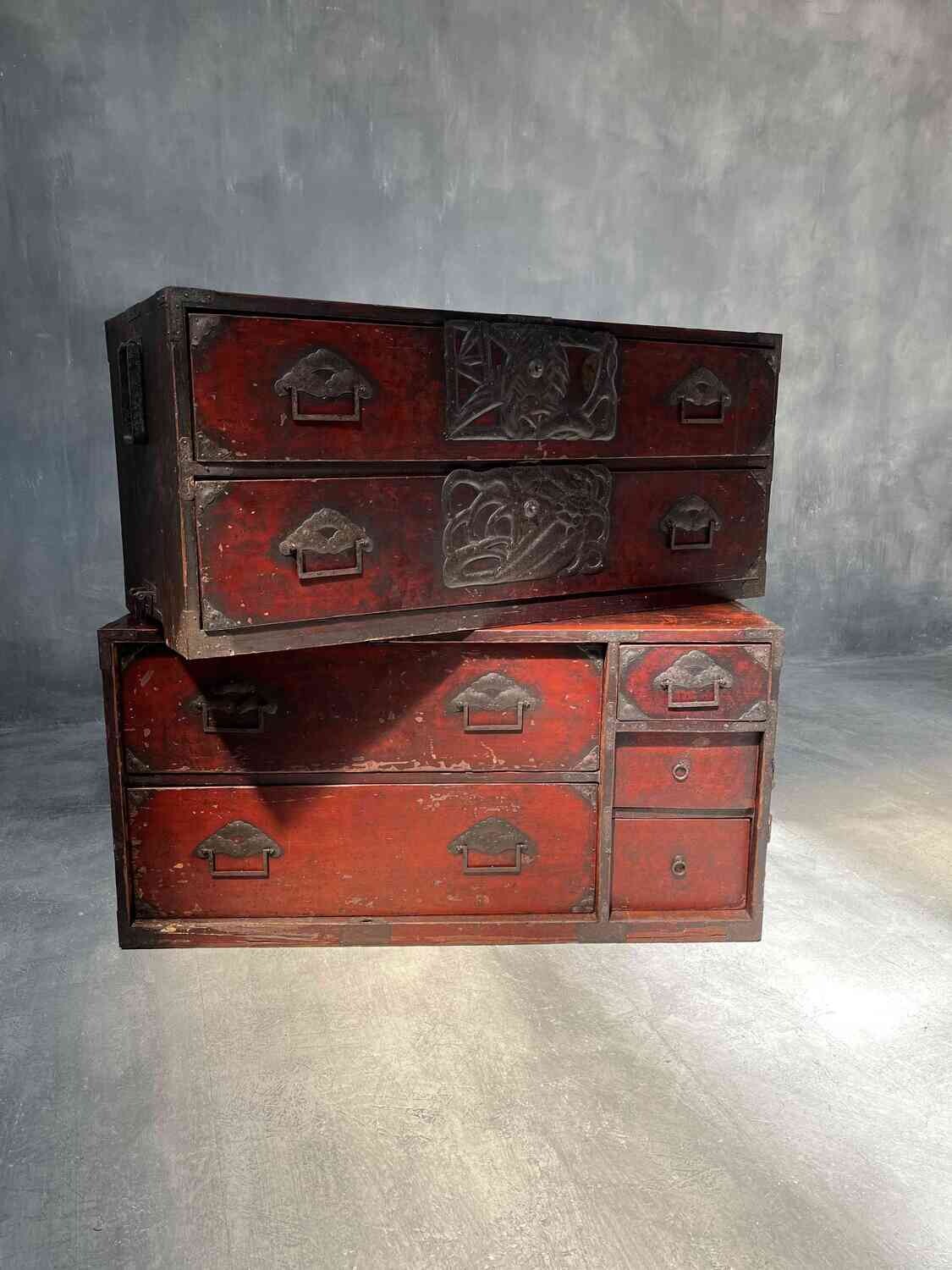 Antique Japanese Isho-Dansu 2 Piece Kimono Storage Box Original Urushi Lacquer Finish