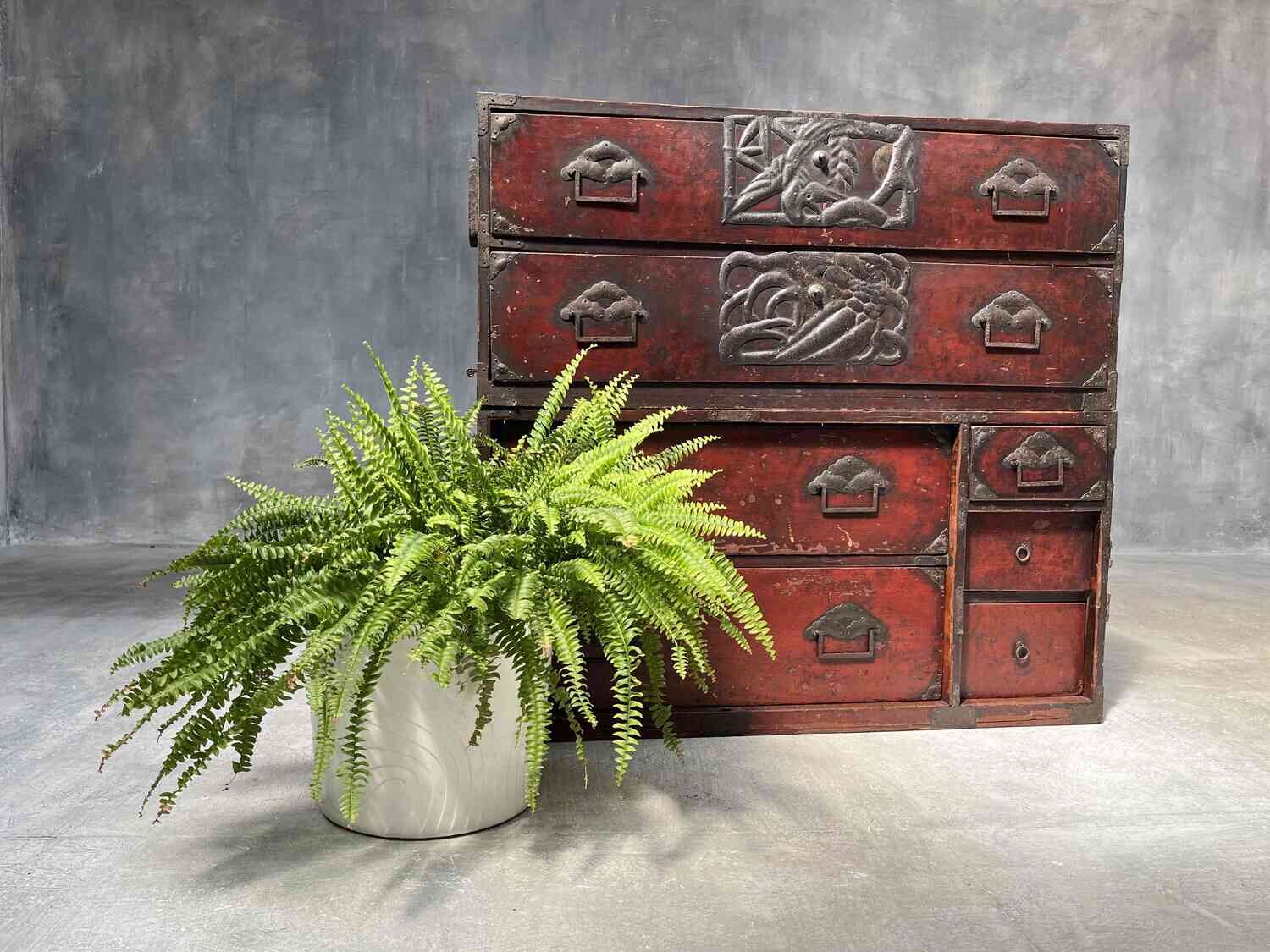 Antique Japanese Isho-Dansu 2 Piece Kimono Storage Box Original Urushi Lacquer Finish