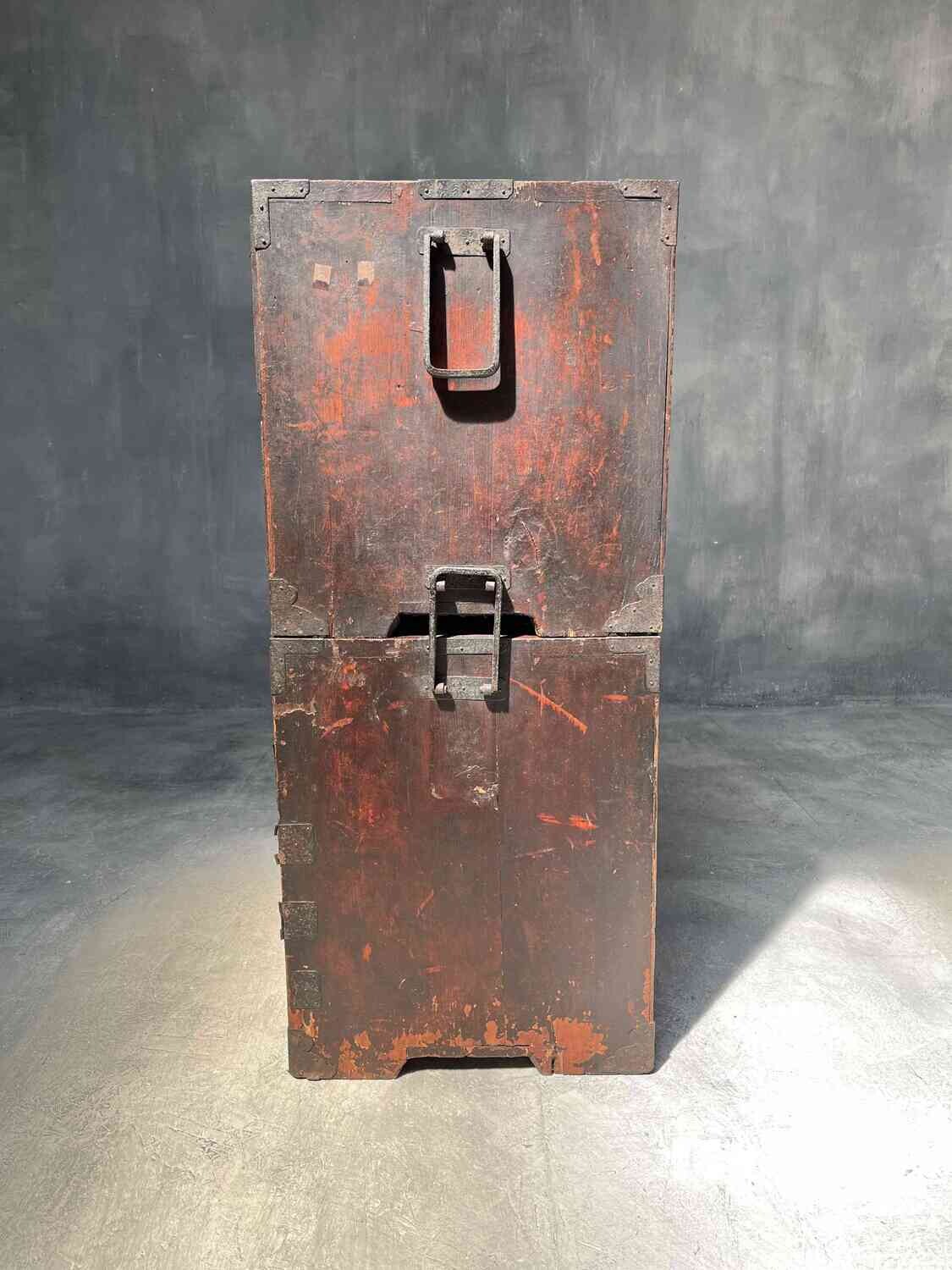 Antique Japanese Isho-Dansu 2 Piece Kimono Storage Box Original Urushi Lacquer Finish