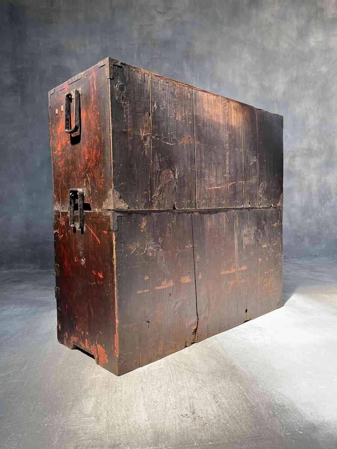 Antique Japanese Isho-Dansu 2 Piece Kimono Storage Box Original Urushi Lacquer Finish