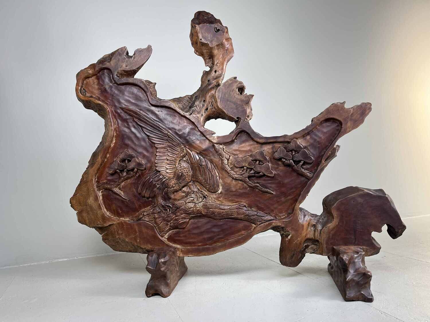 Tsuitate - Houtsnijwerk - Wortelhout - Adelaar in boom - Japan - Meiji periode