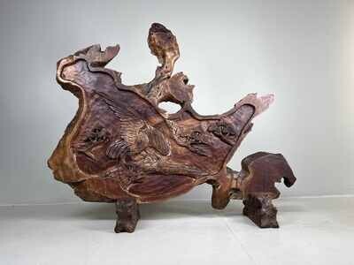 Wood carving - Rootwood - Eagle in tree - Japan - Meiji period