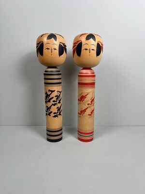 Traditionele Zeldzame Vintage Sakunami Kokeshi set van 2