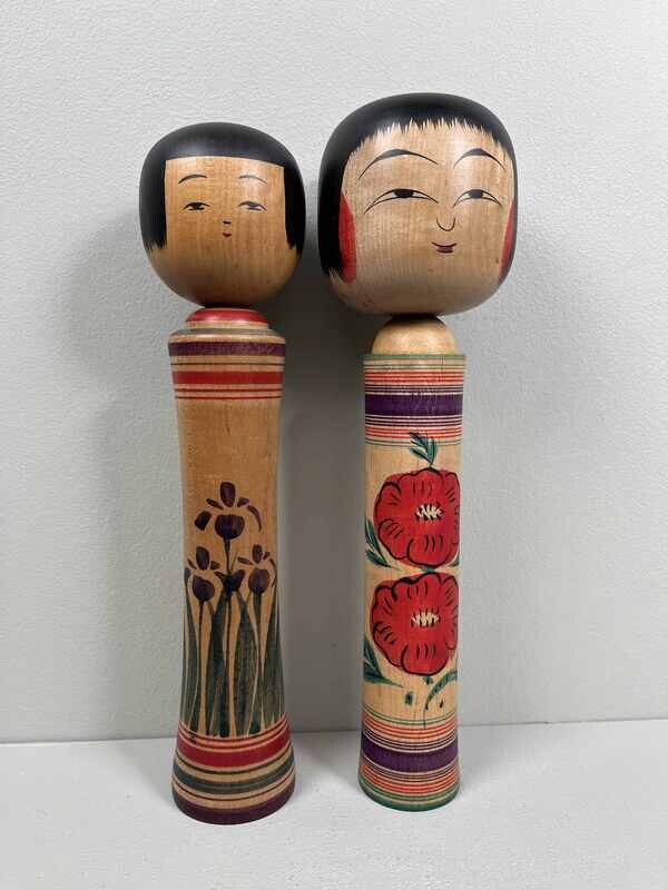 Traditionele Vintage Tsugaru Familie Kokeshi set van 2, door Hasegawa Kenzo