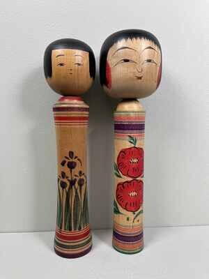 Traditionele Vintage Tsugaru Familie Kokeshi set van 2, door Hasegawa Kenzo