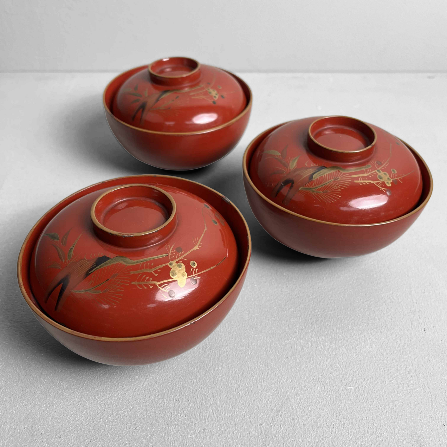Japanese Lacquer Ware Set of 3- Rice Bowl- Soup Bowl