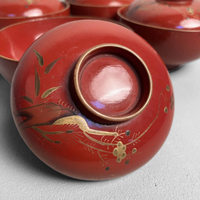 Japanese Lacquer Ware Maki-e Set of 4- Rice Bowl- Soup Bowl