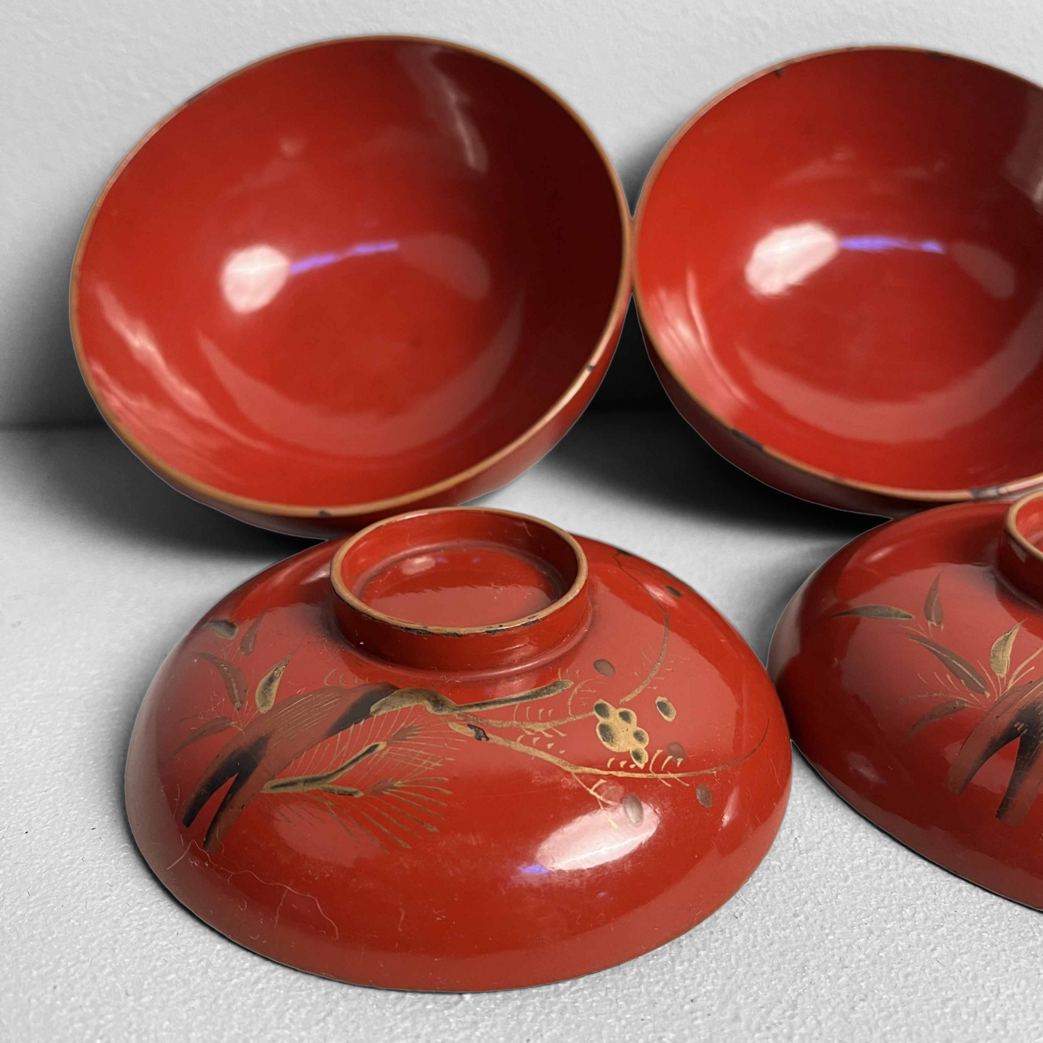 Urushi Maki-e Set van 4 Rijstkommen Japan (1912-1926)