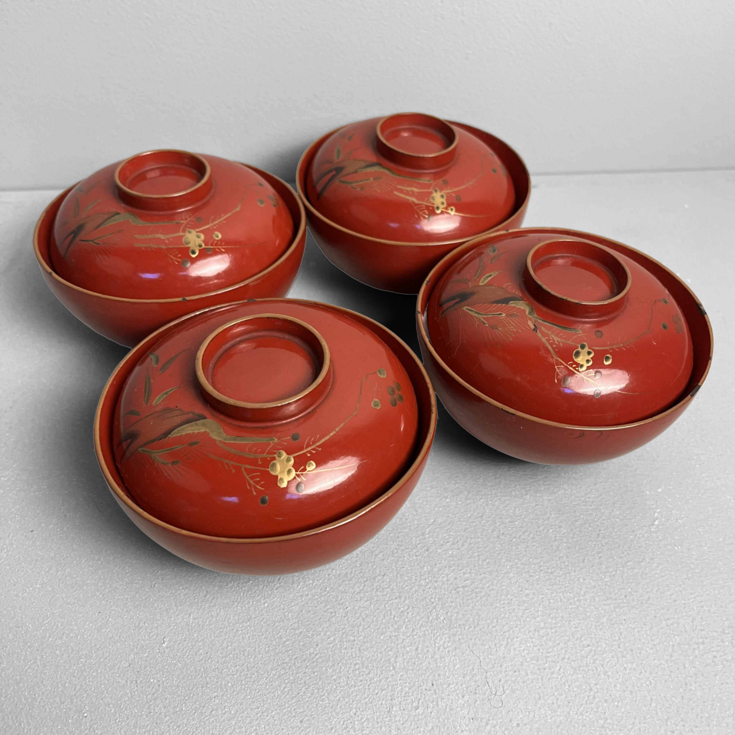 Japanese Lacquer Ware Maki-e Set of 4- Rice Bowl- Soup Bowl
