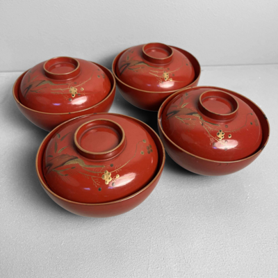 Japanese Lacquer Ware Maki-e Set of 4- Rice Bowl- Soup Bowl