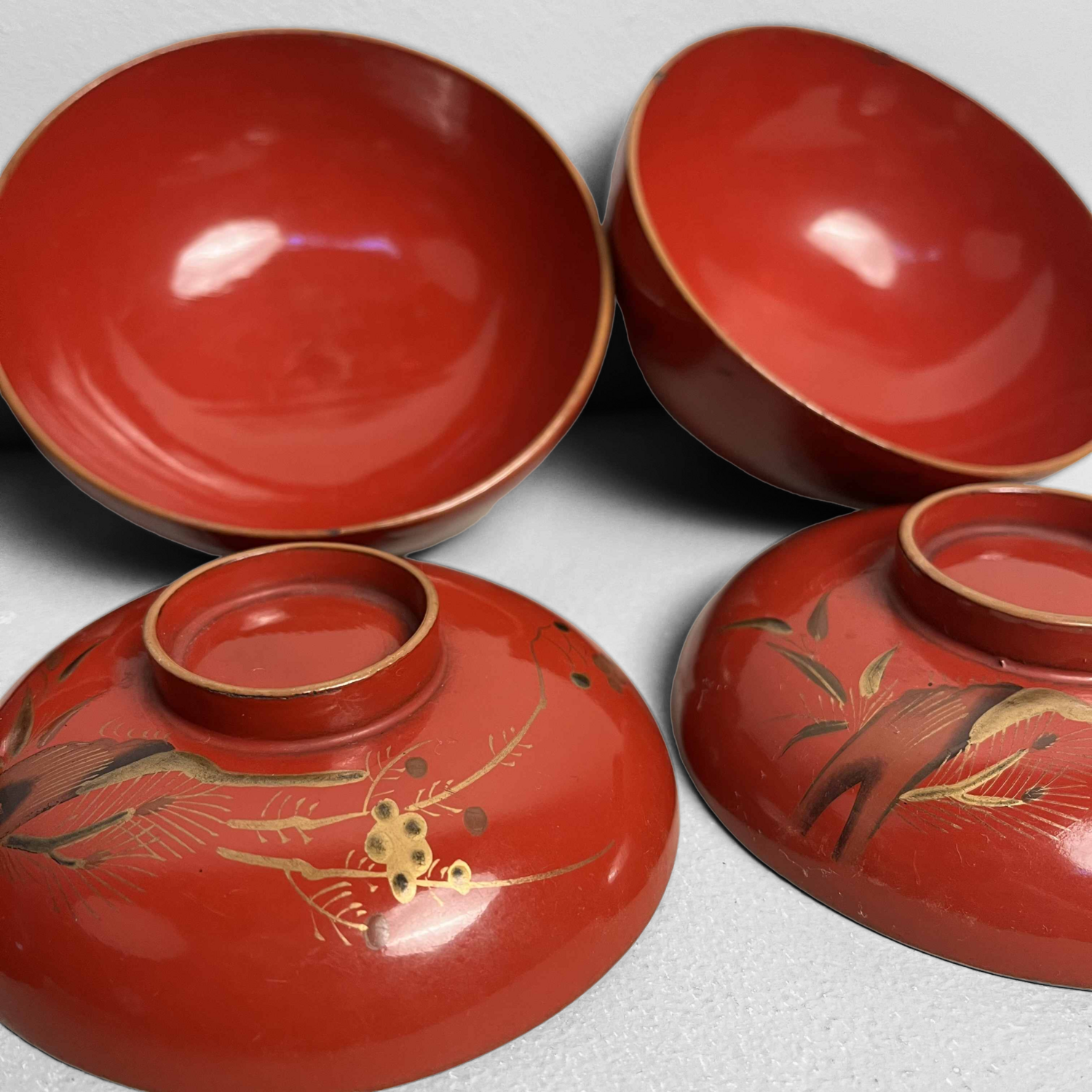 Urushi Maki-e Set van 4 Rijstkommen Japan (1912-1926)