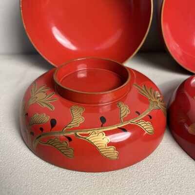 Urushi Maki-e Set of 2 Rice Bowls Japan (1912-1926)