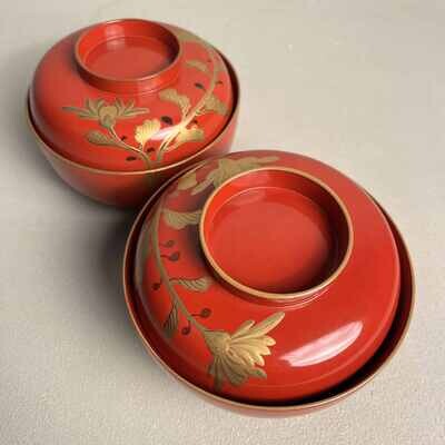 Urushi Maki-e Set of 2 Rice Bowls Japan (1912-1926)