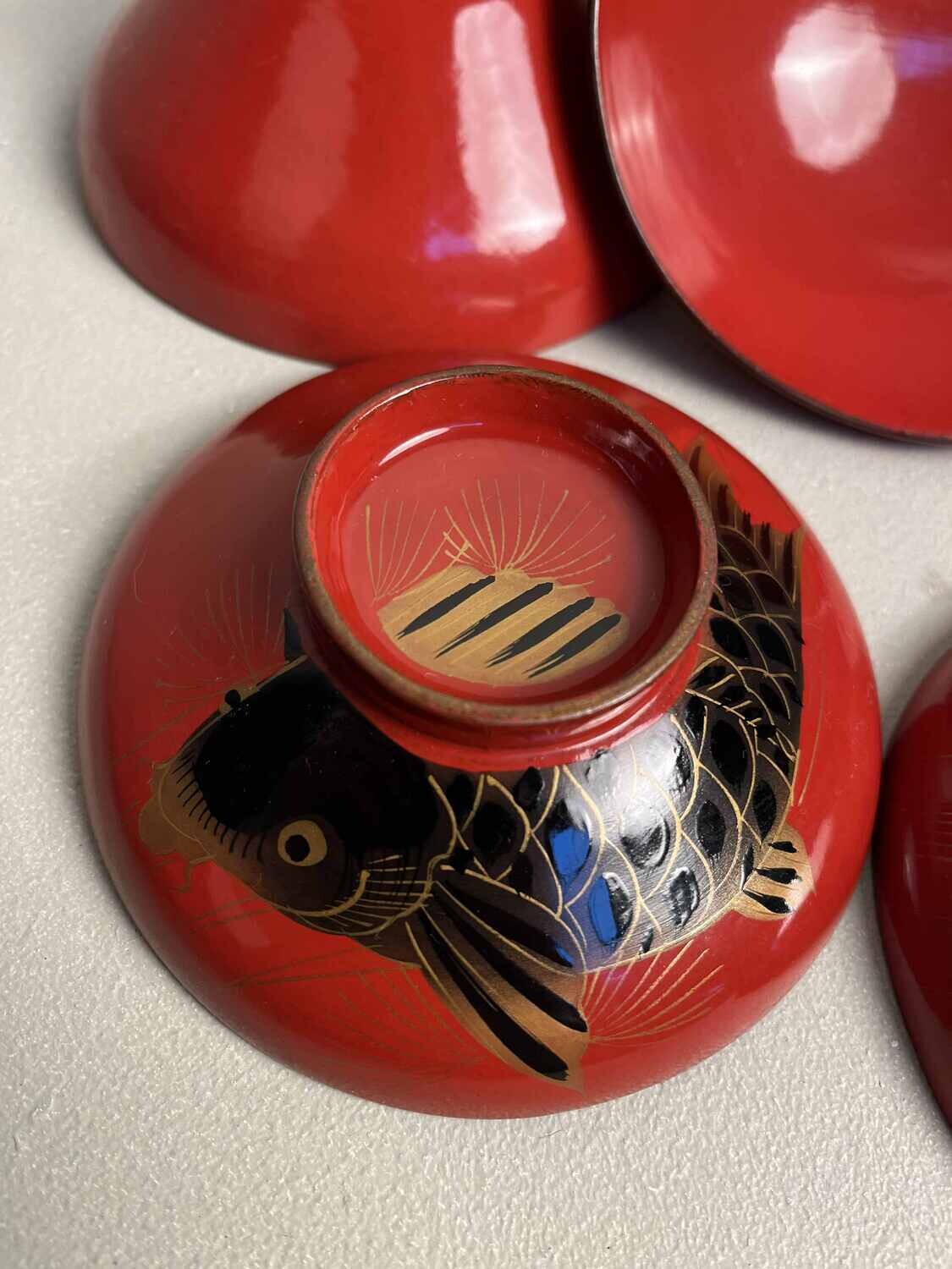 'Koi' Urushi Maki-e Set of 2 Rice Bowls Japan Meiji Era