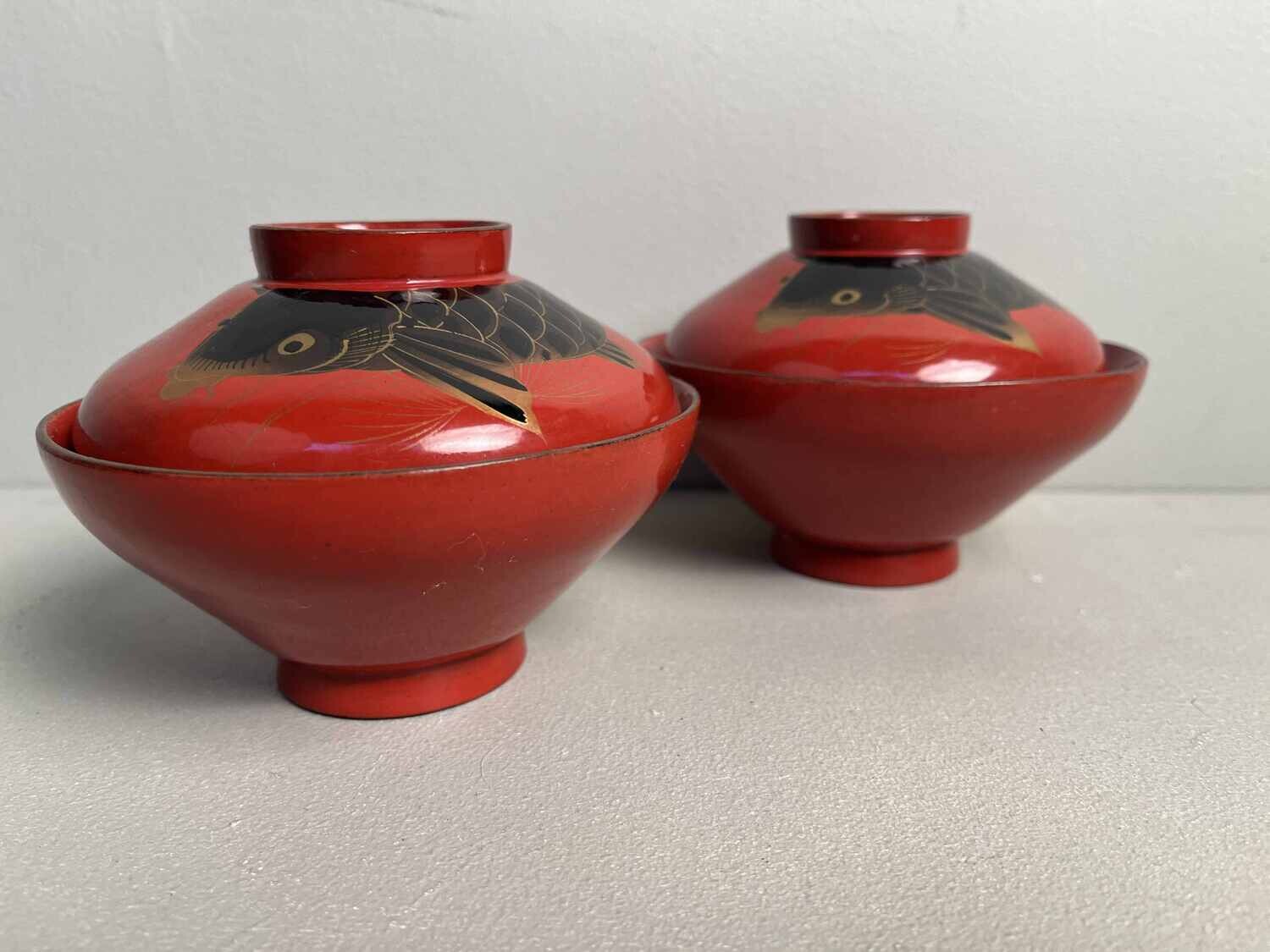 'Koi' Urushi Maki-e Set of 2 Rice Bowls Japan Meiji Era