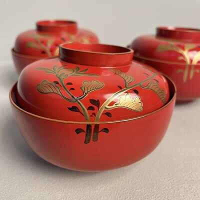 Urushi Maki-e Set of 3 Rice Bowls Japan (1912-1926)