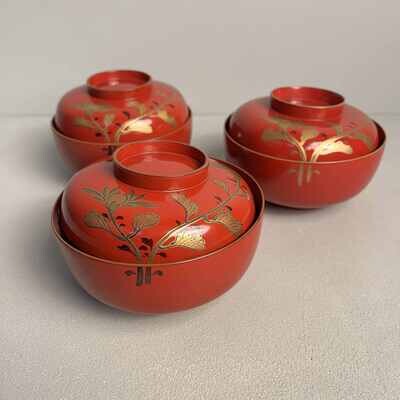 Urushi Maki-e Set of 3 Rice Bowls Japan (1912-1926)
