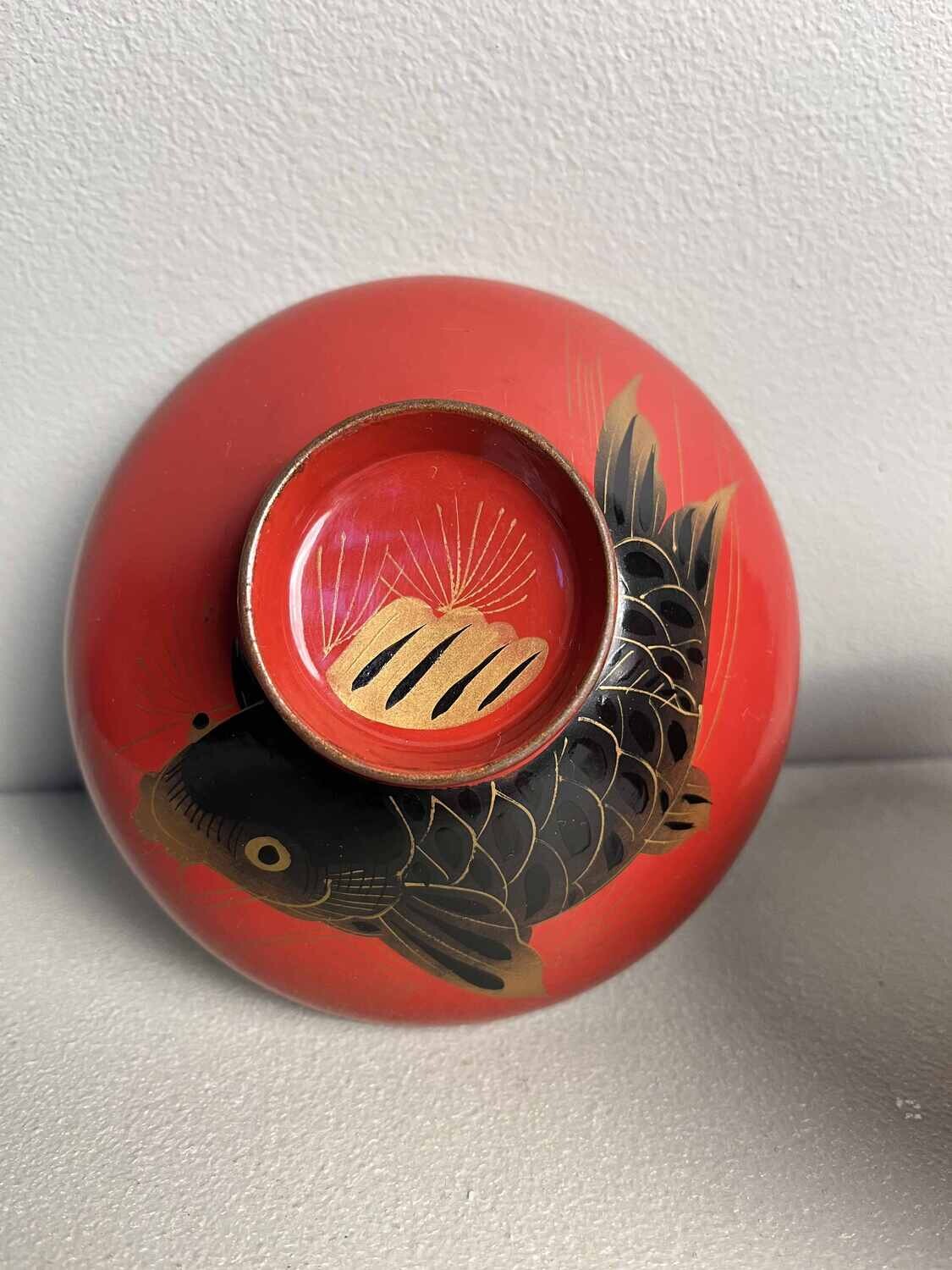 'Koi' Urushi Maki-e Set of 2 Rice Bowls Japan Meiji Era