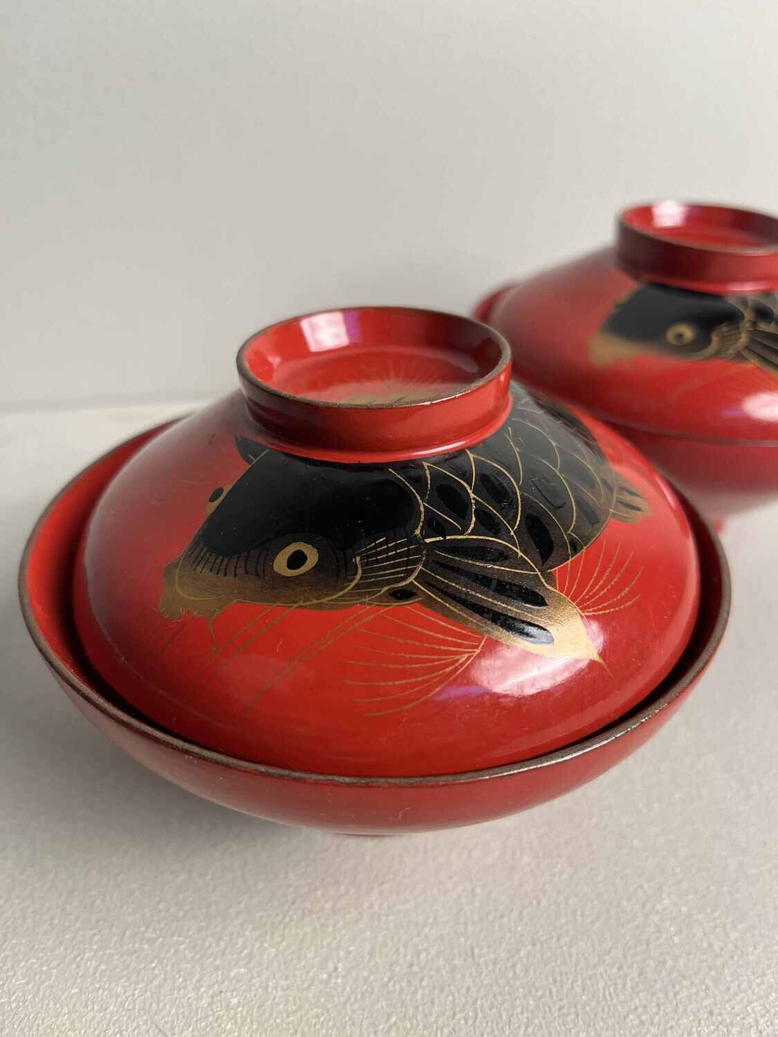'Koi' Urushi Maki-e Set of 2 Rice Bowls Japan Meiji Era