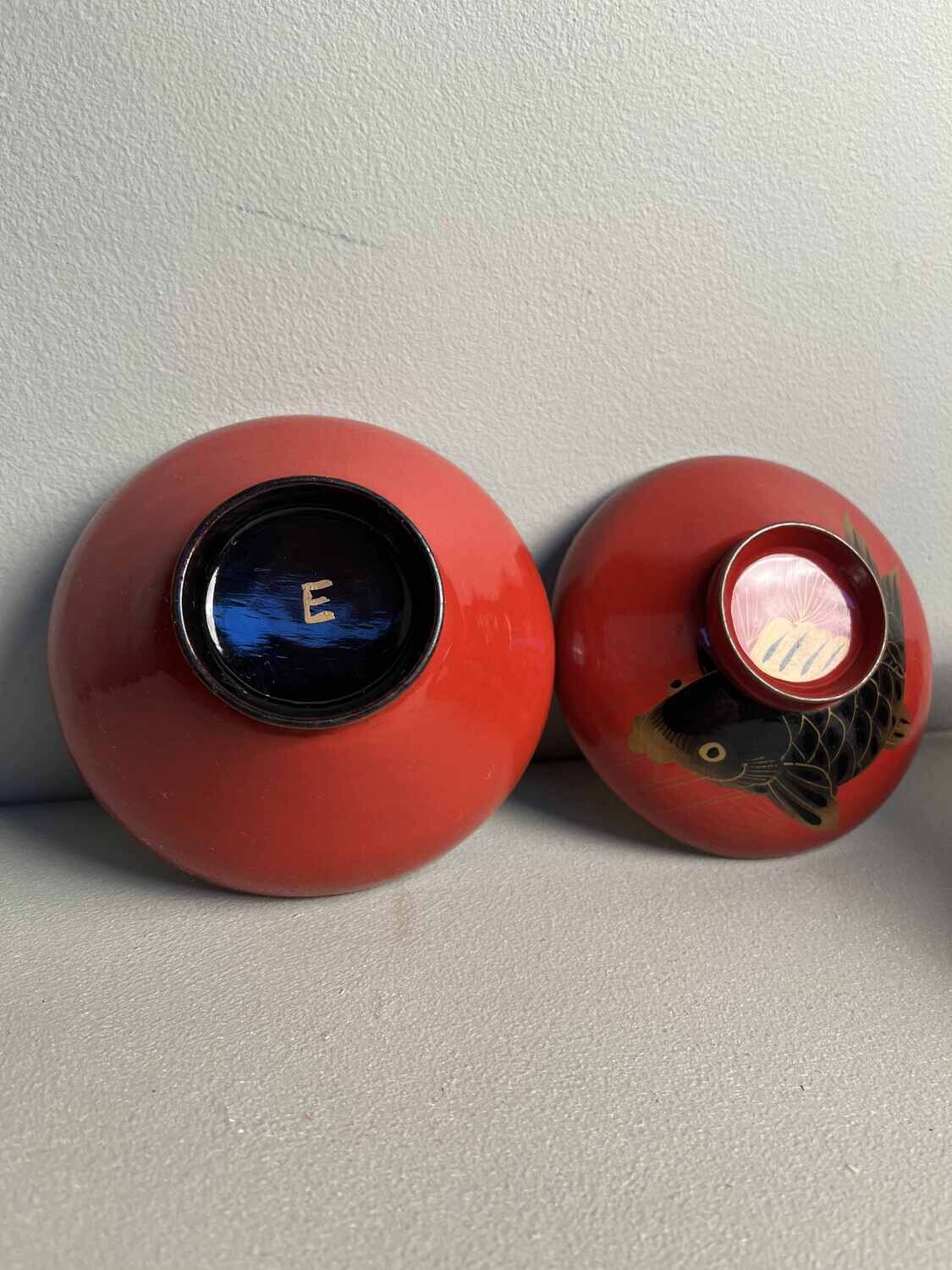 'Koi' Urushi Maki-e Set of 2 Rice Bowls Japan Meiji Era