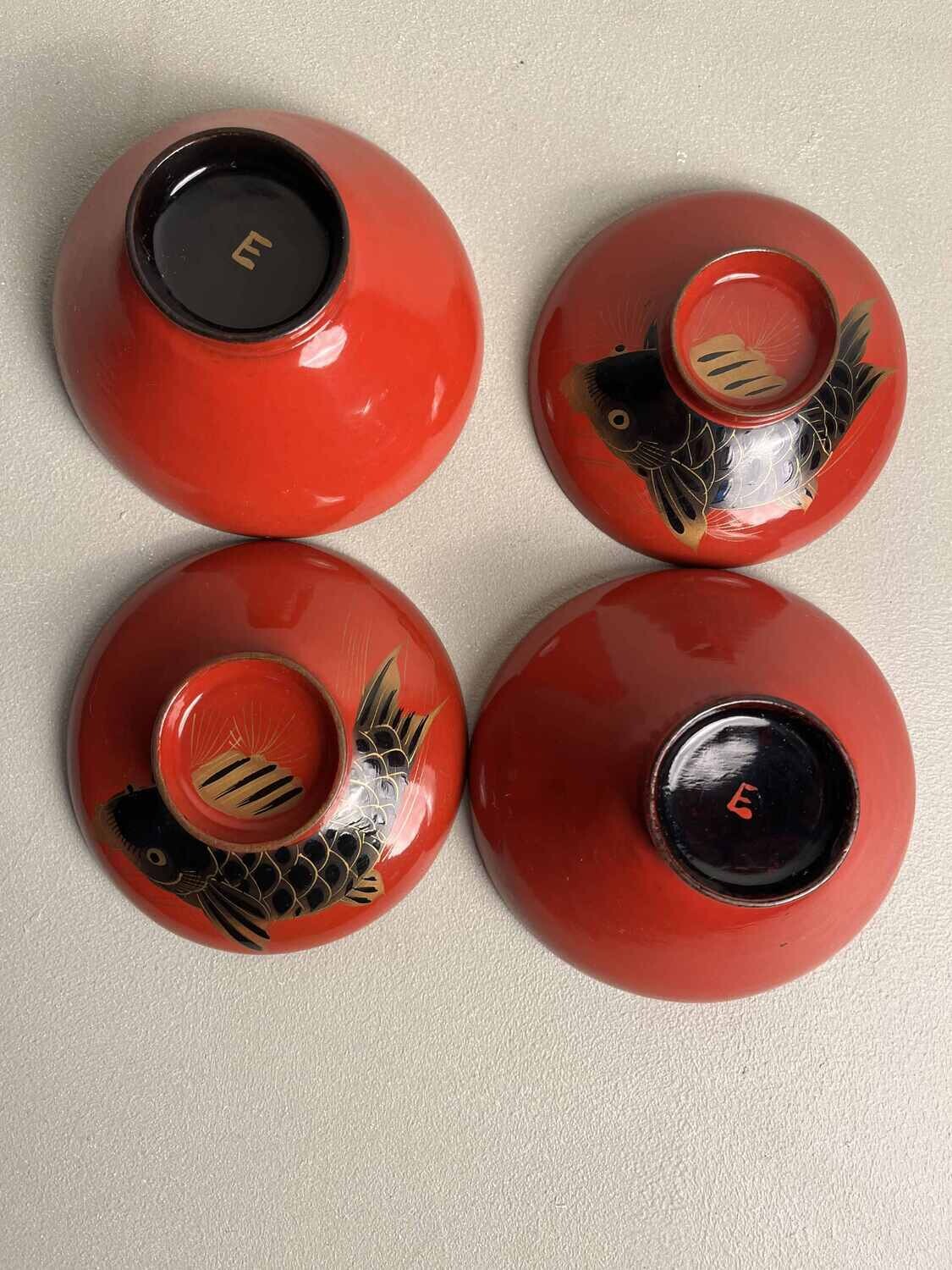 'Koi' Urushi Maki-e Set of 2 Rice Bowls Japan Meiji Era