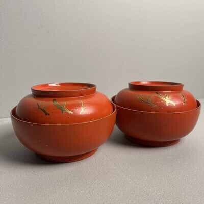 'Crane' Urushi Maki-e Set Rice Bowls Japan (1868-1912)