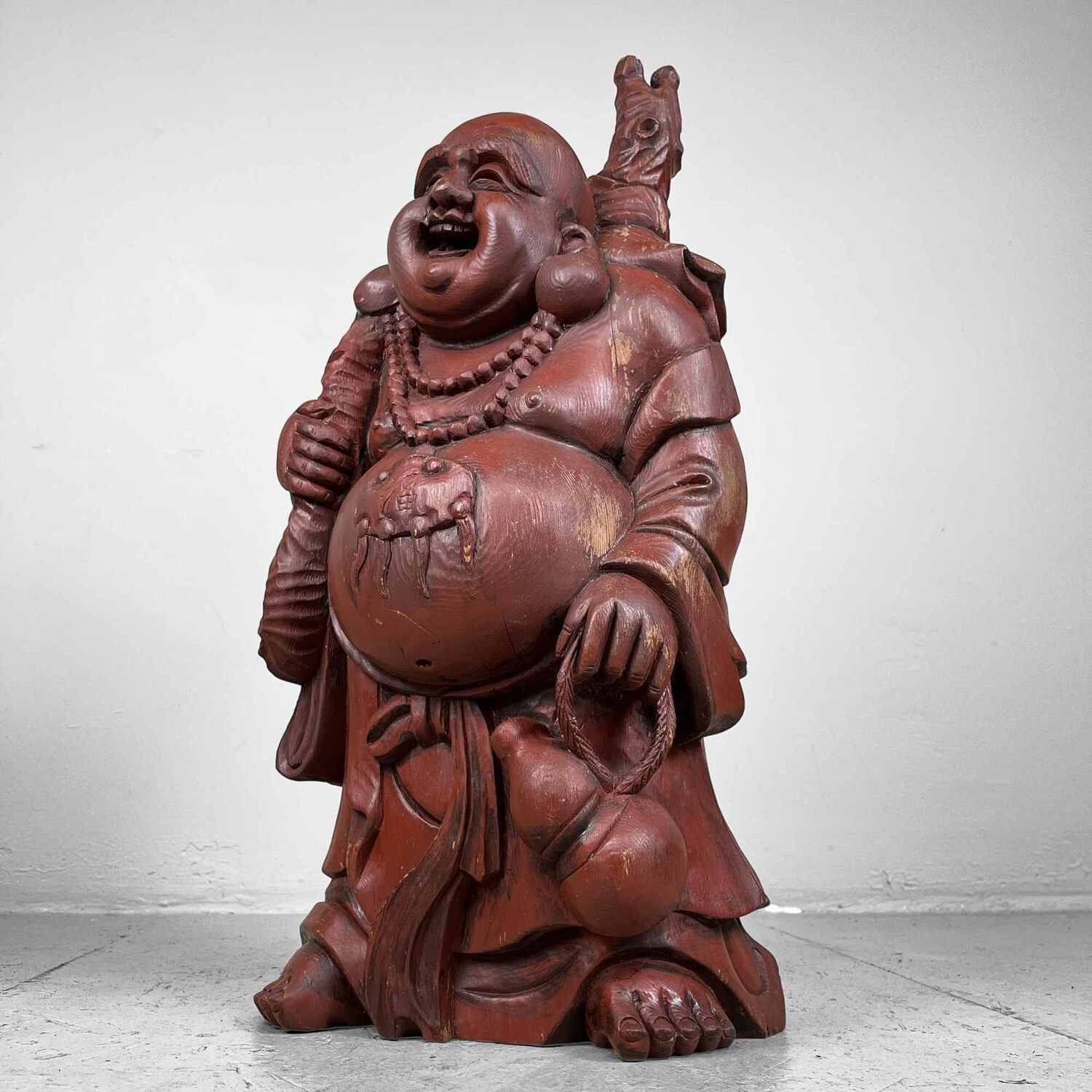 Houten Tempelbeeld Hotei, Lachende Boeddha, jaren '30, Japan.