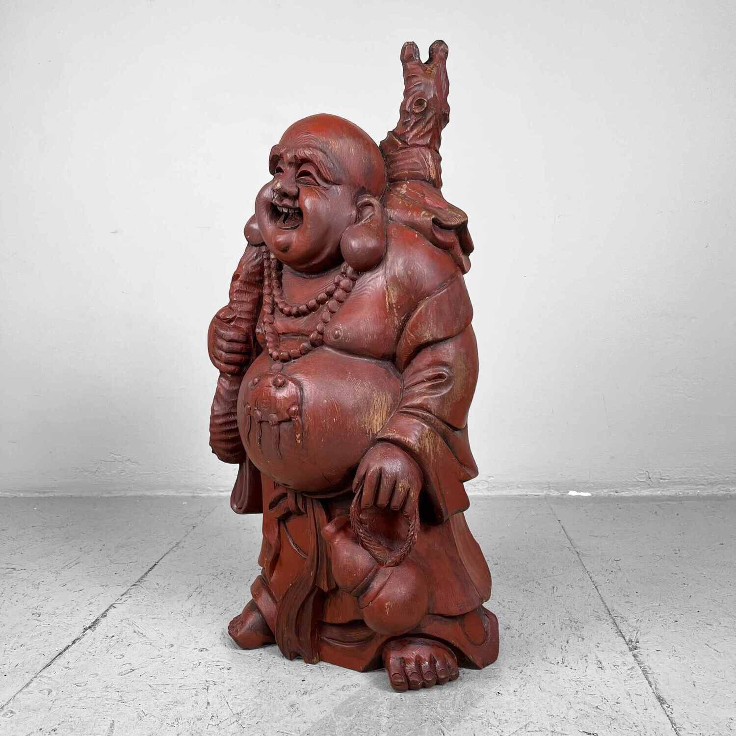 Houten Tempelbeeld Hotei, Lachende Boeddha, jaren '30, Japan.