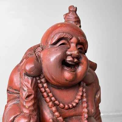 Houten Tempelbeeld Hotei, Lachende Boeddha, jaren '30, Japan.