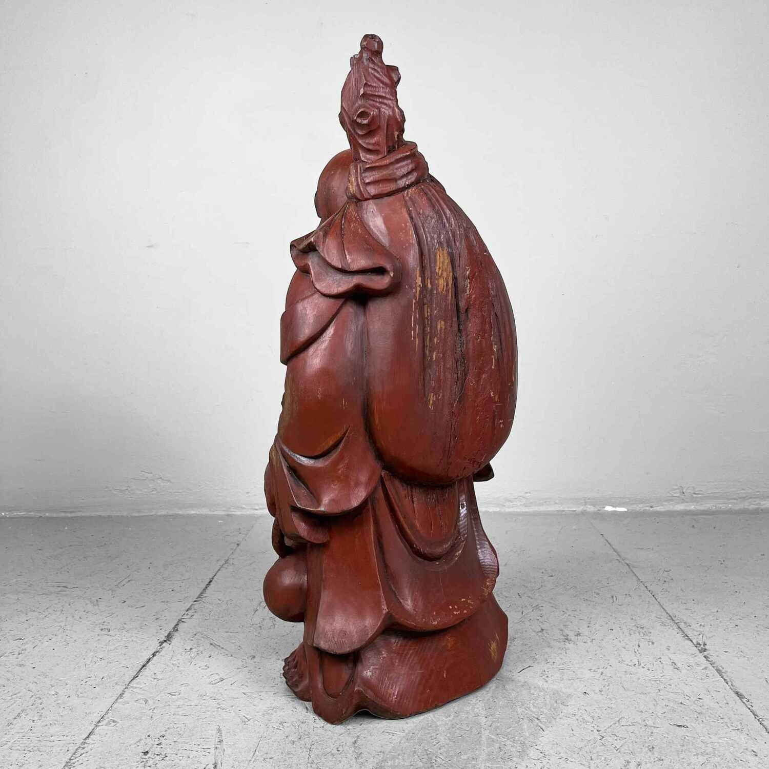 Houten Tempelbeeld Hotei, Lachende Boeddha, jaren '30, Japan.