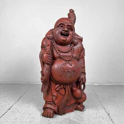 Houten Tempelbeeld Hotei, Lachende Boeddha, jaren '30, Japan.