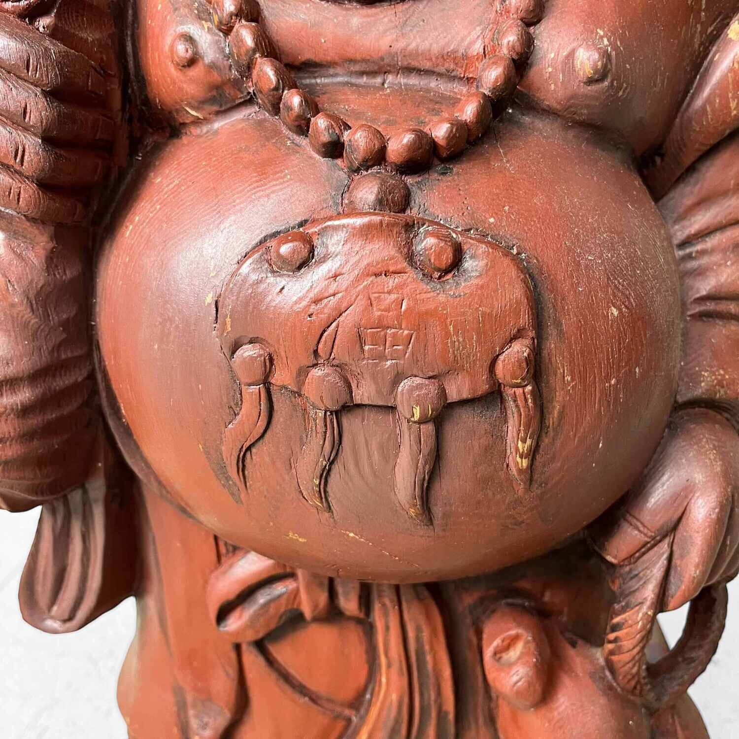 Houten Tempelbeeld Hotei, Lachende Boeddha, jaren '30, Japan.