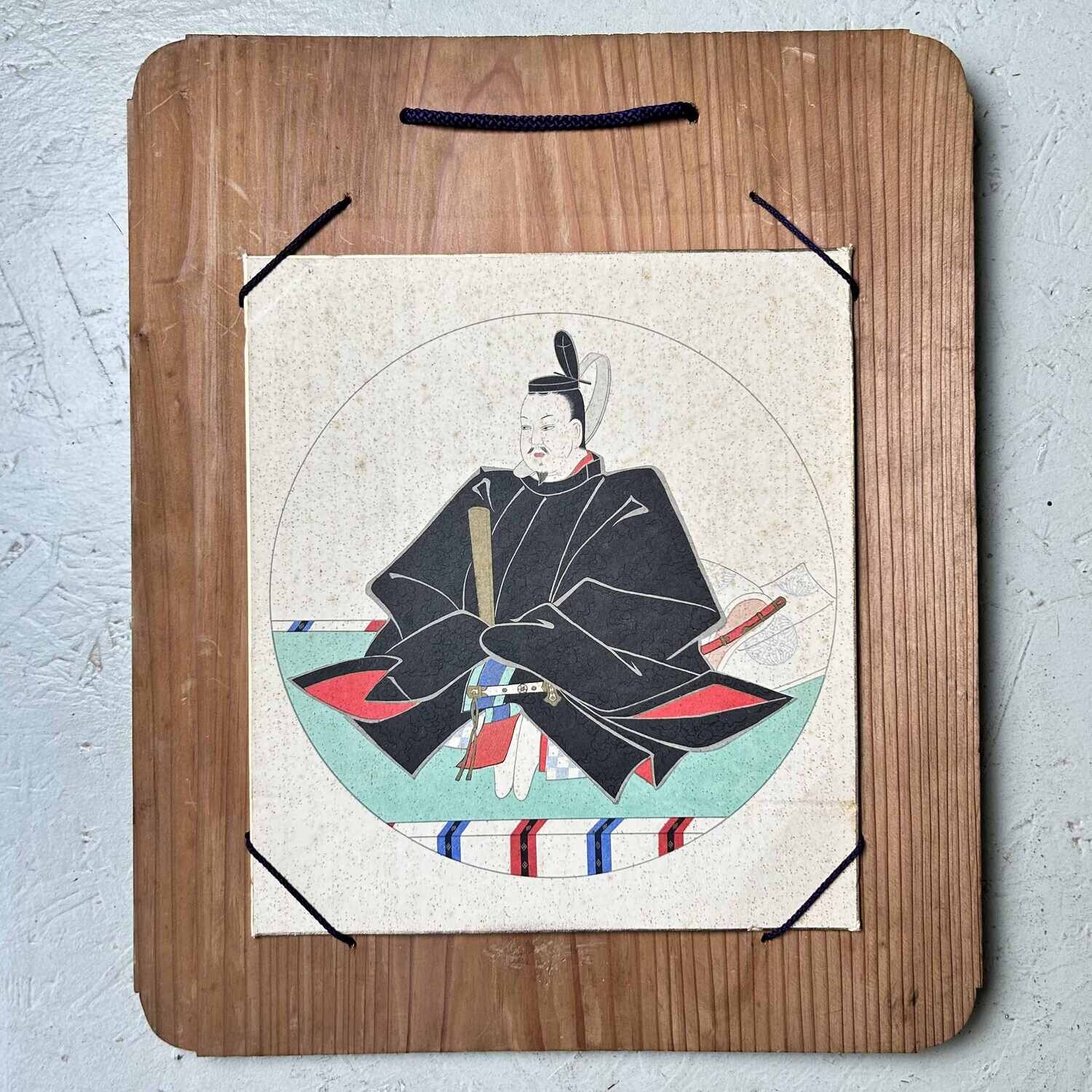 Print of a Samurai warrior on a wooden panel, Shōwa era.