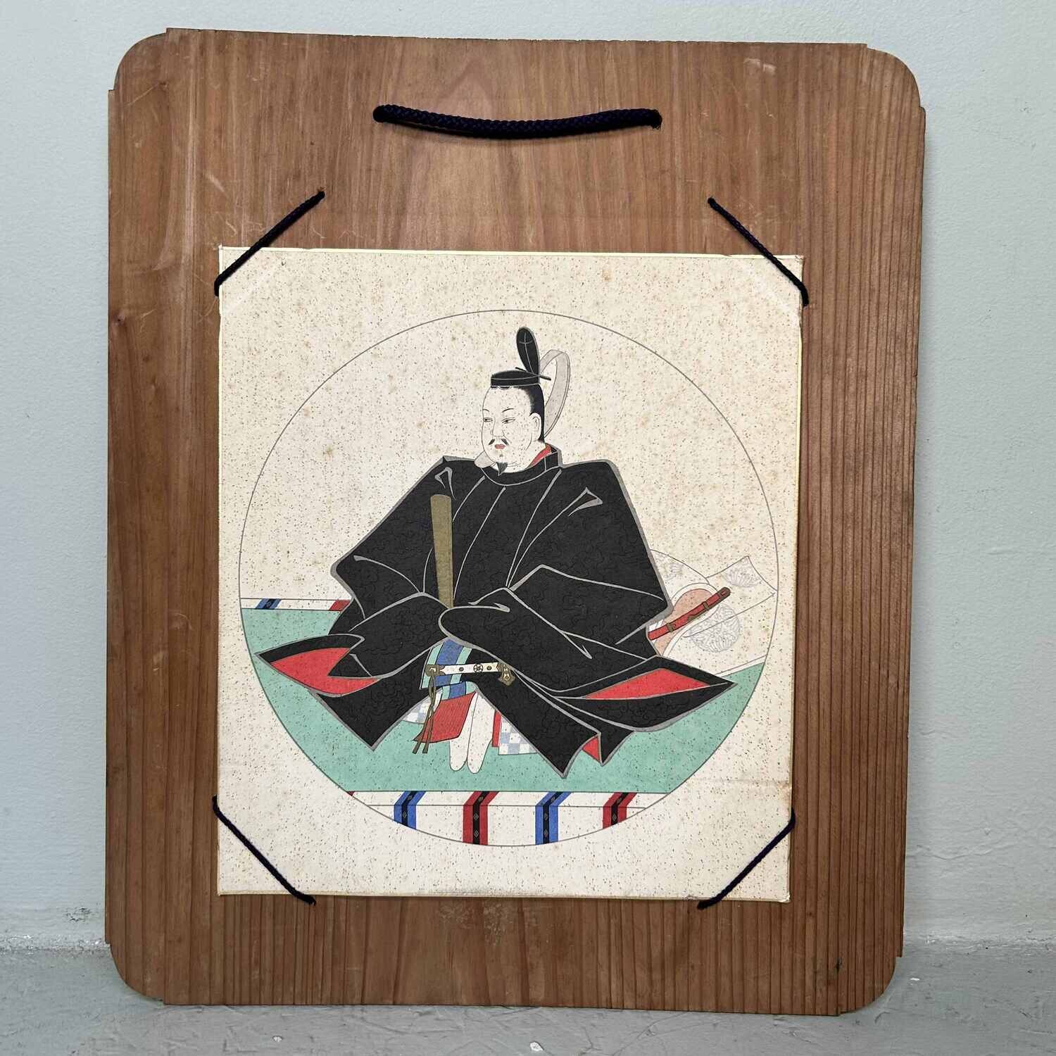 Print of a Samurai warrior on a wooden panel, Shōwa era.