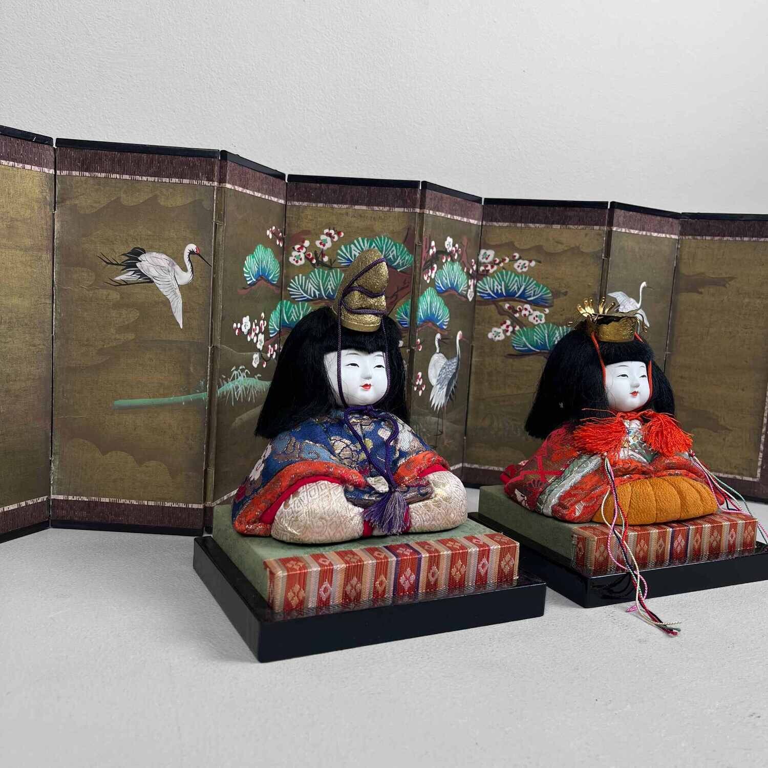 Japanse set Hina-poppen ((雛人形) met Byōbu" (屏風) jaren '50